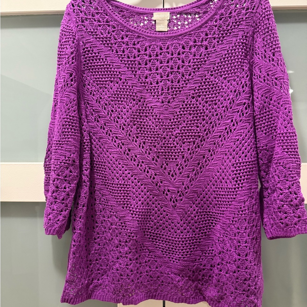 Chico's Vibrant Fuchsia Crochet Knit Top Chico’s size 2 (Medium 8/10)